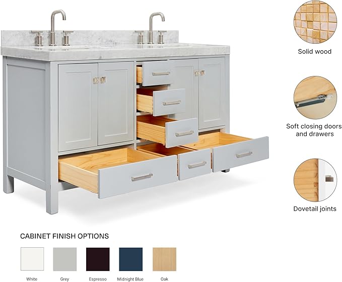 ARIEL Cambridge 60-inch Bathroom Vanity with Sink,Solid Wood, 2-inch Italian Carrara Marble Countertop, Double Rectangular Porcelain Sink, 4 Soft Closing Doors, 6 Dovetail Drawers, Grey