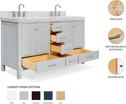 ARIEL Cambridge 60-inch Bathroom Vanity with Sink,Solid Wood, 2-inch Italian Carrara Marble Countertop, Double Rectangular Porcelain Sink, 4 Soft Closing Doors, 6 Dovetail Drawers, Grey