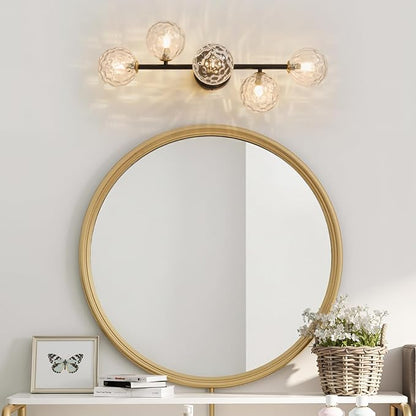 5 Lights Bathroom Vanity Light,Matte Black Globe Bathroom Light Fixtures | Hammered Clear Glass Wall Sconce Lighting,Mid Century Modern Brass Bubble Glass Bathroom Vanity Lights over Mirror,G9 Base