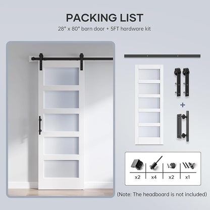 28x80 Inch Glass Sliding Barn Door Slab and 5ft Hardware Kit Included, 5 Frosted Glass, LVL Wood Panel Covered with White Water-Proof Scratch-Proof PVC Surface, Simple DIY Assembly