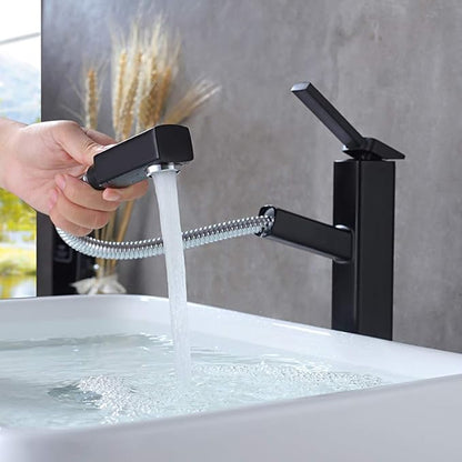 KAIYING Bathroom Pull Down Vessel Sink Faucet, Lavatory Single Hole Basin Sink Faucet with Pull Out Sprayer, Single Handle Utility Mixer Tap with Rotating Spout (Tall, Black)