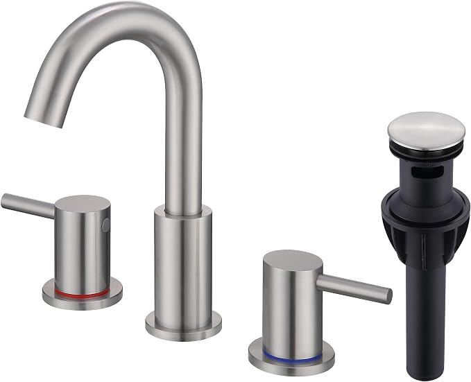 2 Handle Bathroom Faucet, 8 in Brushed Nickel Widespread Bathroom Sink Faucet with Pop Up Drain and Supply Lines, Stainless Steel 3 Hole Bathroom Faucet for Vanity