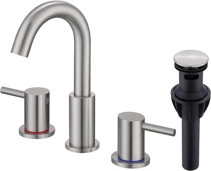 2 Handle Bathroom Faucet, 8 in Brushed Nickel Widespread Bathroom Sink Faucet with Pop Up Drain and Supply Lines, Stainless Steel 3 Hole Bathroom Faucet for Vanity
