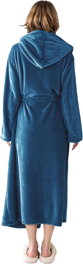 Robes for Women - Hooded Plush Fleece Bathrobe with Sash & Pockets, Full-Length Lightweight Spa Robe