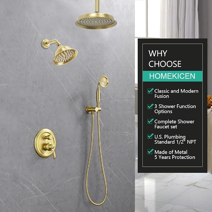 Dual Rain Shower Head System with Handheld Antique Faucet Set | Brushed Gold Finish, Multi-layer Plating, Vintage Rainfall, 3 Way Diverter Brass Valve with Trim Kit, Easy Install
