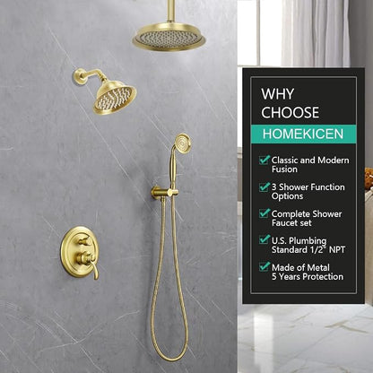 Dual Rain Shower Head System with Handheld Antique Faucet Set | Brushed Gold Finish, Multi-layer Plating, Vintage Rainfall, 3 Way Diverter Brass Valve with Trim Kit, Easy Install