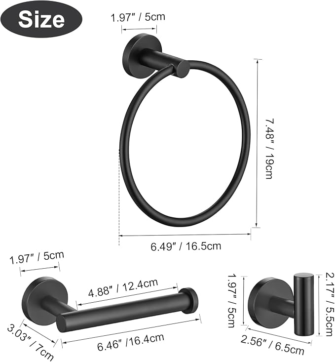 TURS Matte Black Towel Ring Toilet Paper Holder Towel Hooks 4-Pieces Bathroom Towel Holder Set SUS304 Stainless Steel Bathroom Accessories Kit Wall Mounted
