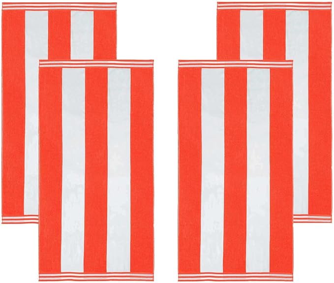 Superior Cotton Striped Beach Towels, Colorful Towels for Adult, Kid, Pool, Swimming, Sand, Travel, Large Oversized, Absorbent, Fast Drying, Bath Basics, Cabana Collection, Set of 4, Coral