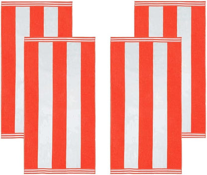 Superior Cotton Striped Beach Towels, Colorful Towels for Adult, Kid, Pool, Swimming, Sand, Travel, Large Oversized, Absorbent, Fast Drying, Bath Basics, Cabana Collection, Set of 4, Coral