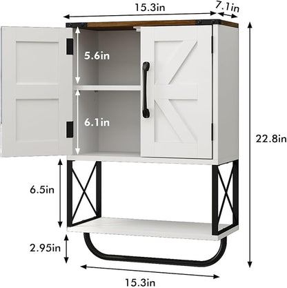 RUSTOWN Farmhouse Medicine Cabinet with 2 Barn Door, Bathroom Wall Cabinet | Dark Brown Top, Adjustable Shelf, Towel Bar, 3-Tier Rustic Wood Wall Mounted Cabinet for Bathroom, Living Room, Kitchen