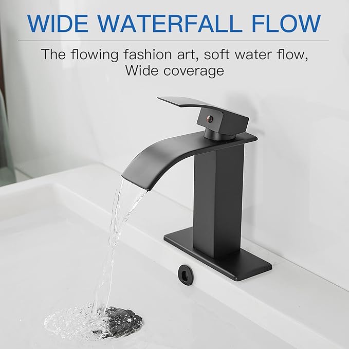 BWE Matte Black Bathroom Faucet Modern Waterfall Single Hole Faucet for Bathroom Sink Single Handle with Pop Up Drain with Overflow Assembly and Supply Line Lavatory Bath Faucet
