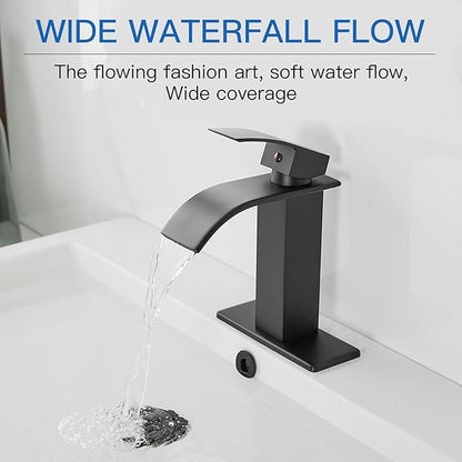 BWE Matte Black Bathroom Faucet Modern Waterfall Single Hole Faucet for Bathroom Sink Single Handle with Pop Up Drain with Overflow Assembly and Supply Line Lavatory Bath Faucet