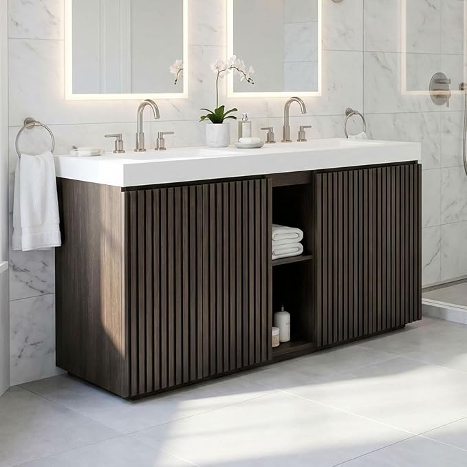 60" Double Bathroom Vanity with Sink (8" Widespread Faucet Holes Predrilled), Mid Century Modern Bathroom Cabinet with 4 Doors & Shelves, White Integrated Sink with Overflow, Dark Oak