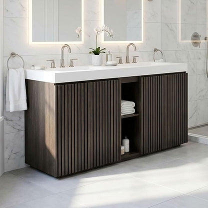 60" Double Bathroom Vanity with Sink (8" Widespread Faucet Holes Predrilled), Mid Century Modern Bathroom Cabinet with 4 Doors & Shelves, White Integrated Sink with Overflow, Dark Oak