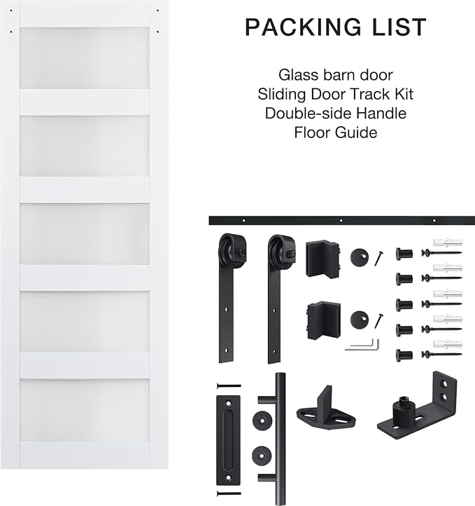 32in x 84in 5-Panel Sliding Glass Barn Door with 4ft Hardware Kit | Easy Assembly with Pre-Drilled Holes, Waterproof, Frosted Glass for Bathroom-Fit Max Opening 30in x 82in