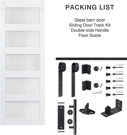 32in x 84in 5-Panel Sliding Glass Barn Door with 4ft Hardware Kit | Easy Assembly with Pre-Drilled Holes, Waterproof, Frosted Glass for Bathroom-Fit Max Opening 30in x 82in