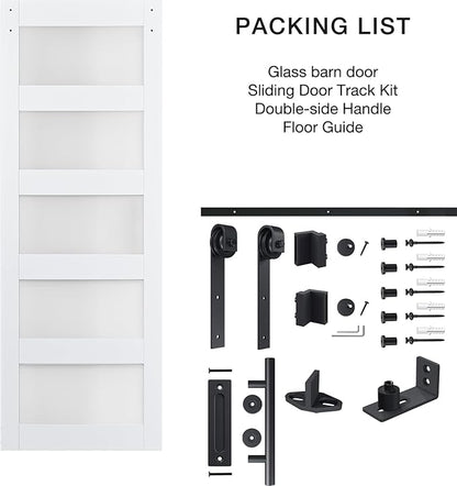 28in x 84in 5-Panel Sliding Glass Barn Door with 4ft Hardware Kit | Easy Assembly with Pre-Drilled Holes, Waterproof, Frosted Glass for Bathroom-Fit Max Opening 26in x 82in