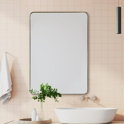 Gold Bathroom Mirror for Wall, 20x28” Brushed Brass Metal Rounded Corner Rectangle Mirror, Wall Mirror in Stainless Steel Metal Frame, 1" Deep Set Design Hangs Horizontal Or Vertical