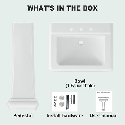 26" W X 20" D Bathroom Pedestal Sink, Rectangular White Ceramic Vanity Sink with Overflow and 3 Pre-Drilled Holes - Fits 8-Inch Faucets,Freestanding Restroom Sink Combo for Small Spaces