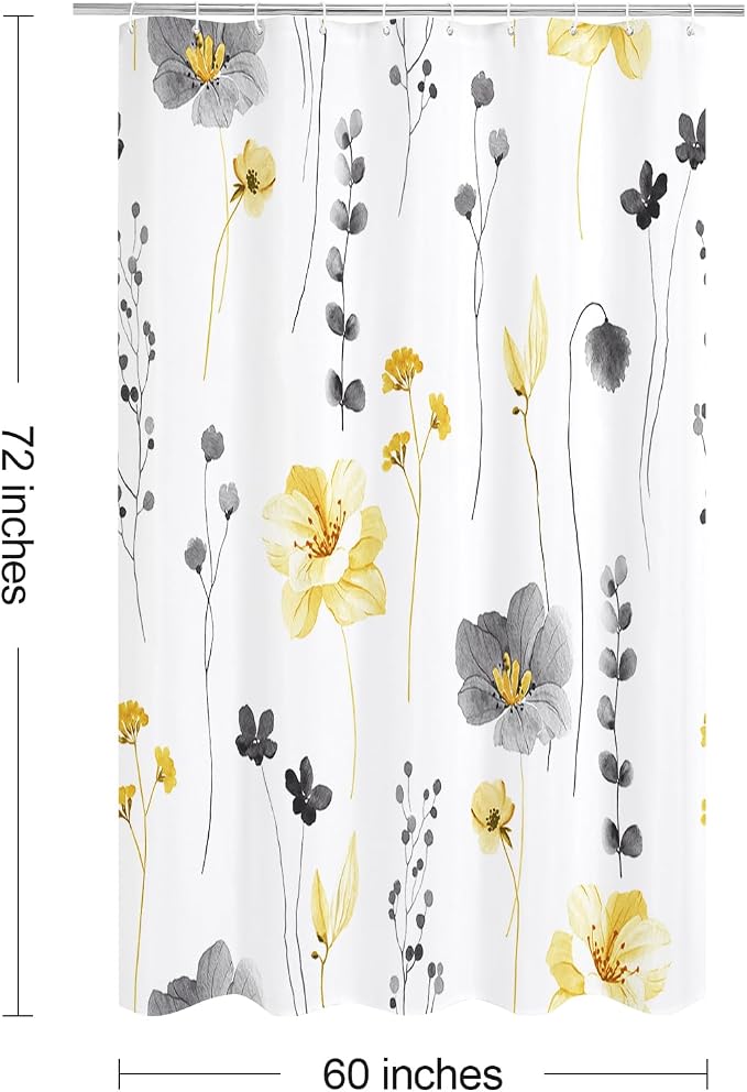 Yellow Beige Watercolor Floral Fabric Shower Curtain, 60x72 | Waterproof Fabric, Modern Minimalist Floral Print, Machine Washable, Rustproof Grommets, for Bathroom Home, Stall