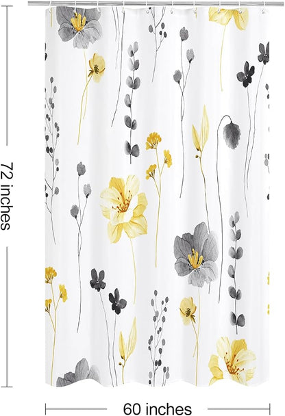 Yellow Beige Watercolor Floral Fabric Shower Curtain, 60x72 | Waterproof Fabric, Modern Minimalist Floral Print, Machine Washable, Rustproof Grommets, for Bathroom Home, Stall