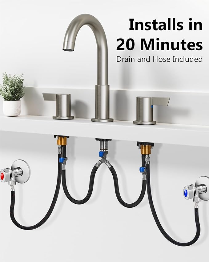 Bathroom Sink Faucet 3 Hole 8 Inch Widespread 2-Handle Vanity Faucet SUS304 Stainless Steel with Pop-Up Drain and Supply Lines Brushed Nickel