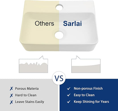 Sarlai Small Wall Mounted Vessel Sink Floating Corner Bathroom Sink | Wall Mount Ceramic Wall hung Pure Glossy White Ceramic Wash Basin 14.5x10x4.2 Inch for Tiny Room