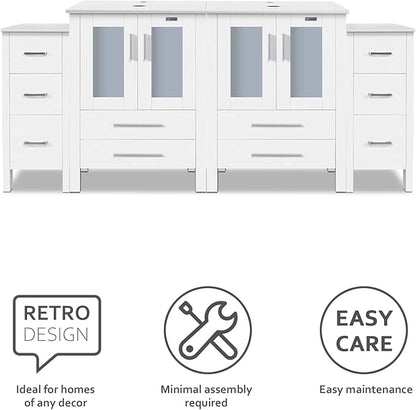 eclife 72" Modern Bathroom Vanity Sink Combo Freestanding Cabinet with Small Side Cabinet, Without Vessel Sink, Faucet, Drain (White Vanity Only)