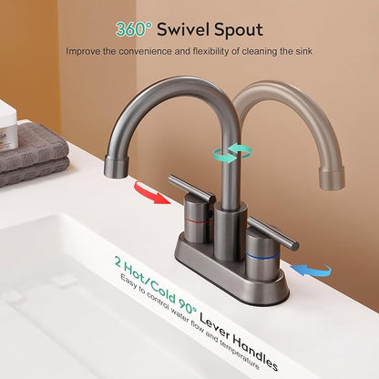 Faustina Gery Bathroom Faucet, 4 Inch Centerset Faucet for Sink 2 Holes 3 Holes，Two Handles 304 Stainless Steel with Pup up Drain Assembly and 2 Water Supply Lines for RV Vanity