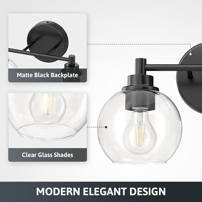 VONLUCE 2 Light Bathroom Vanity Light Fixtures, Black Finish | Globe Glass Shades, E26 Sockets, Easy to install, Vanity Lights for Bedroom Hallway Living Room