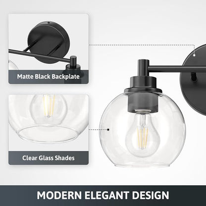 VONLUCE 2 Light Bathroom Vanity Light Fixtures, Black Finish | Globe Glass Shades, E26 Sockets, Easy to install, Vanity Lights for Bedroom Hallway Living Room