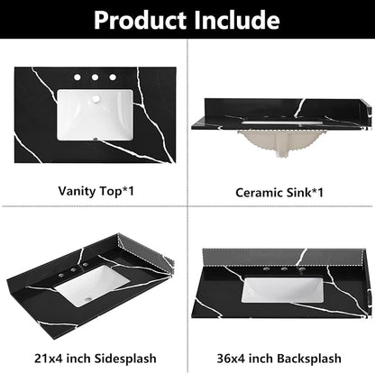 36 in. W x 22 in D Quartz Vanity Top in Black Marquina,with One Sidesplash & One Backsplash, Vanity Sink Top with Assembled Single Drop-in Sink, Pre-Drilled 8 Inch Faucet Hole Countertop