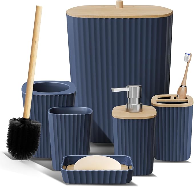 Clara Clark Bathroom Set - Navy Blue Bathroom Accessories Set, 6PC Bathroom Accessory Set, Bathroom Sets with Toilet Brush, Trash Can & Soap Dispenser