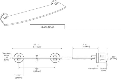 Gatco 4636 Glam Glass Shelf, 20 Inch, Chrome / Wall Mounted 20.13" X 5.50" Tempered Curved Glass Shelf