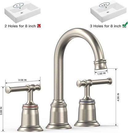 Classical 8 inch Bathroom Faucet, Bathroom faucets for Sink 3 Holes, Widespread Brushed Nickel Bathroom Faucet with Pop Up Drain and cUPC Lead-Free Hose (Brushed Nickel 2 Packs)