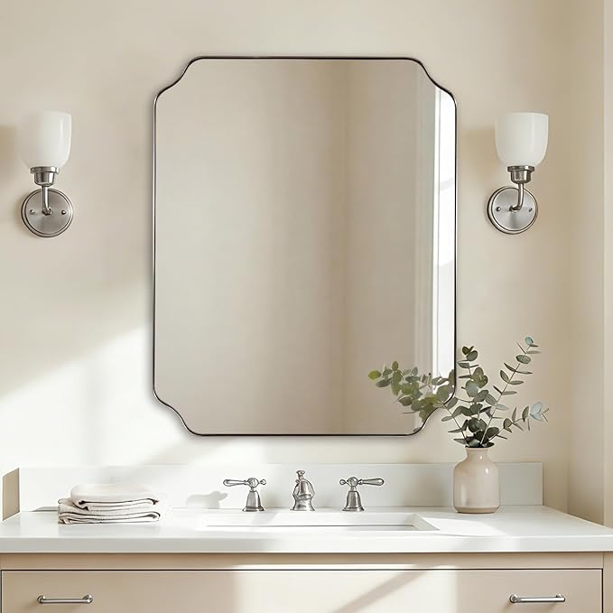 28x36 Inch Brushed Nickel Mirror, Silver Bathroom Mirror for Over Sink, Rounded Notched Corner Mirror in Anti-Rust Stainless Steel Thin Frame, Wall Mount Vertically or Horizontally