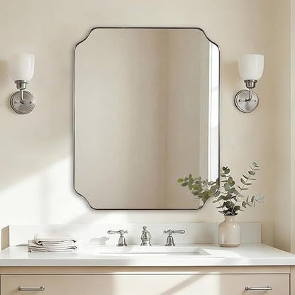 28x36 Inch Brushed Nickel Mirror, Silver Bathroom Mirror for Over Sink, Rounded Notched Corner Mirror in Anti-Rust Stainless Steel Thin Frame, Wall Mount Vertically or Horizontally