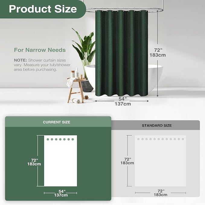 Stall Waffle Shower Curtain 256 GSM Heavy Fabric 54x72 Dark Green | 54 Inch Wide, Thick Cloth, Weighted Hem, Water Repellent, Hotel Luxury Polyester Shower Curtain Set for Bathroom 10 Hooks