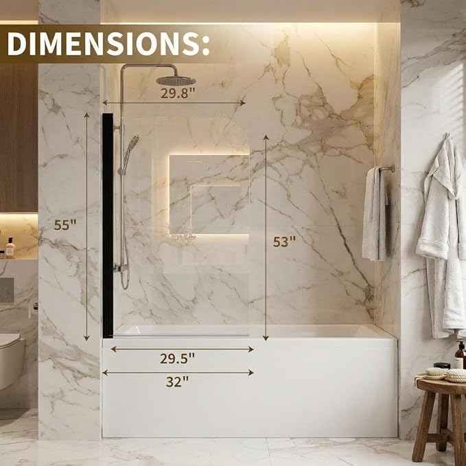 Bathtub Shower Door, Frameless 32" x 55" with 1/4" (6mm) Clear Tempered Glass Panel, Matte Black Tub Enclosure, Modern Design for Bathroom