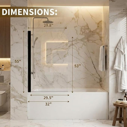 Bathtub Shower Door, Frameless 32" x 55" with 1/4" (6mm) Clear Tempered Glass Panel, Matte Black Tub Enclosure, Modern Design for Bathroom