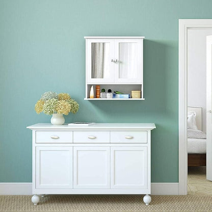 Salches Wall Mounted Bathroom Cabinet w/2 Mirrored Doors, Over-Toilet Hanging Cabinet w/Shelves, Wooden Medicine Storage Organizer for Living Room/Corridor/Cloakroom/Kitchen, 22” x 5” x 23” (White)