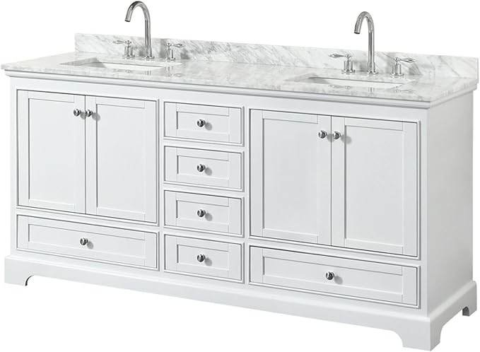 Wyndham Collection Deborah 72 inch Double Bathroom Vanity in White, White Carrara Marble Countertop, Undermount Square Sinks, and No Mirror