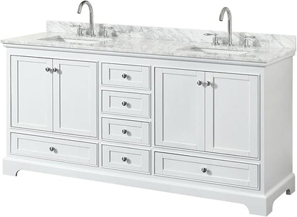 Wyndham Collection Deborah 72 inch Double Bathroom Vanity in White, White Carrara Marble Countertop, Undermount Square Sinks, and No Mirror
