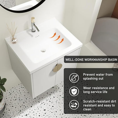 SSLine Modern 24-Inch Bathroom Vanity with Sink Wall Mounted Bathroom Vanity with Top Basin & Storage Cabinet White Wood Floating Vanity w/Ceramic Sink & Gold/Black Handles for Small Space