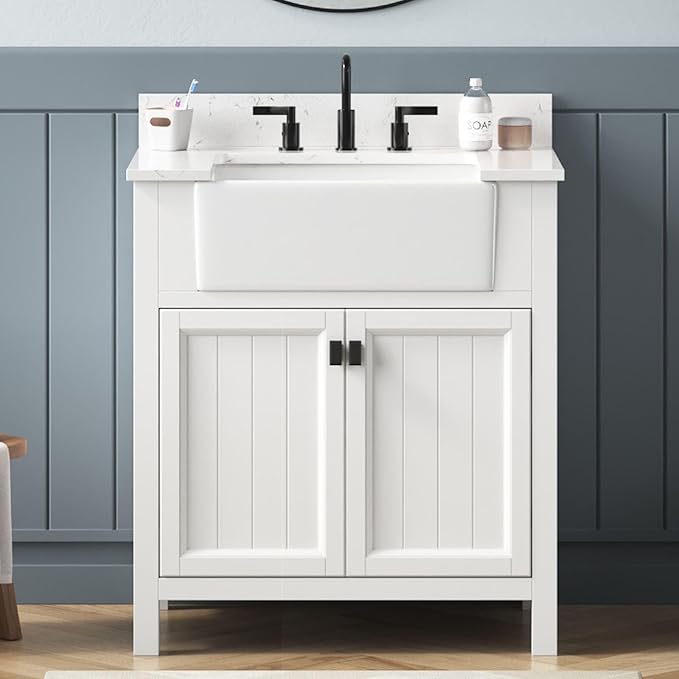 30 Inch Bathroom Vanity with Sink, Small Bathroom Vanity with Apron Farm Sink, Modern Bathroom Storage Cabinet with Soft-Closing Doors, Solid Wood Frame, Adjustable Feet, White