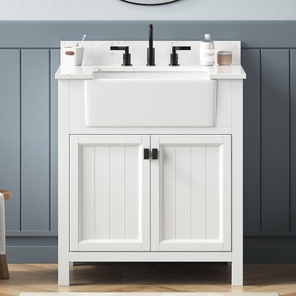 30 Inch Bathroom Vanity with Sink, Small Bathroom Vanity with Apron Farm Sink, Modern Bathroom Storage Cabinet with Soft-Closing Doors, Solid Wood Frame, Adjustable Feet, White