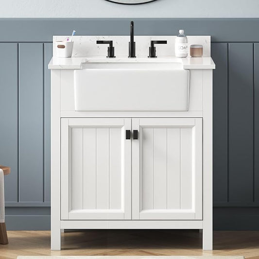 30 Inch Bathroom Vanity with Sink, Small Bathroom Vanity with Apron Farm Sink, Modern Bathroom Storage Cabinet with Soft-Closing Doors, Solid Wood Frame, Adjustable Feet, White
