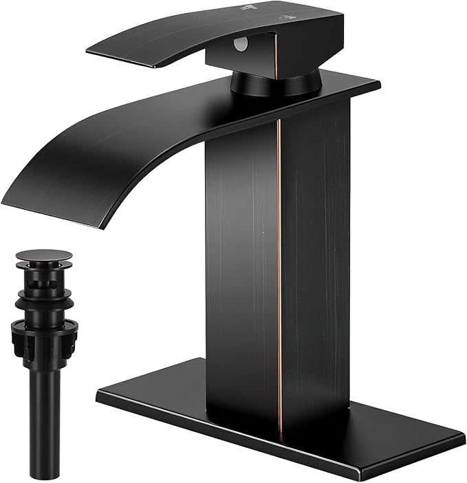 ORB Bathroom Faucets, Waterfall Bathroom Sink Faucet Single Handle Bathroom Faucet for 1 or 3 Hole, Mixer Tap Vanity Faucet with Deck Plate, Pop-up Drain and Supply Hoses