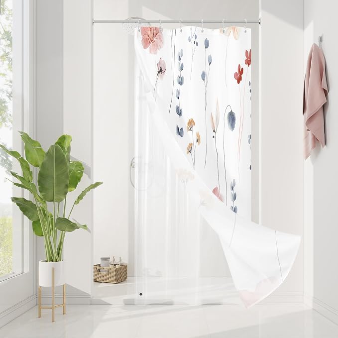 Small Stall 3 in 1 Shower Curtain Set, 36x72 | Narrow Half 3 in 1 Shower Curtain Set, PEVA Liner Set & 12 Double Sided Steel Hooks, Waterproof Fabric Bathroom Curtain
