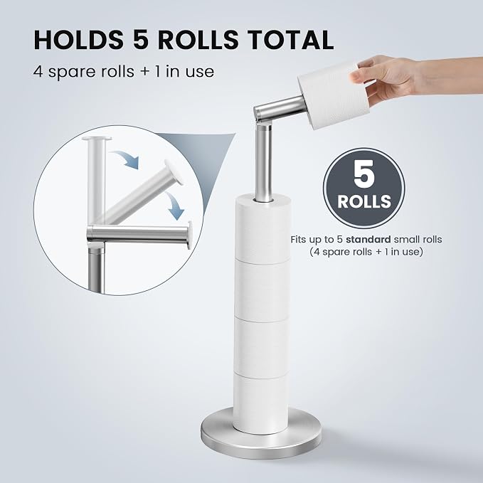 Cesun Weighted Base Free Standing Toilet Paper Holder Stand, Brushed Nickel | SUS304 Rustproof Steel | Thick Non-Slip Base | Swivel Pivot Design | Slim Footprint | Holds 5 Rolls